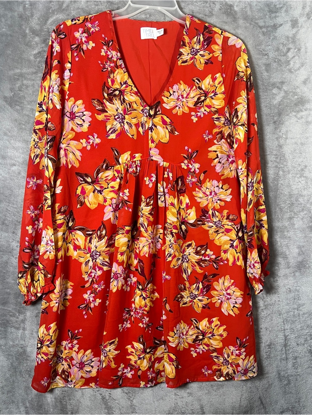 Time and Tru Red Floral V-Neck Empire Waist Dress